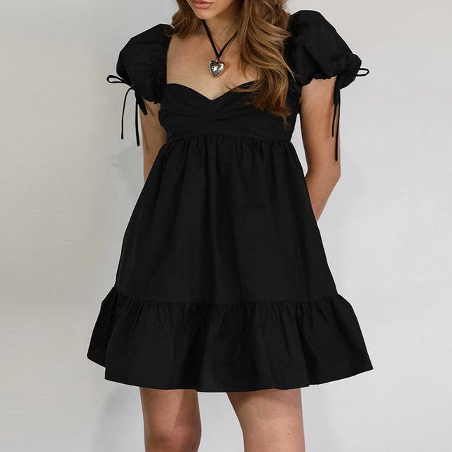 Wholesale Women's Summer Backless French Cotton Short Sleeve Black A-Line Mini Dress