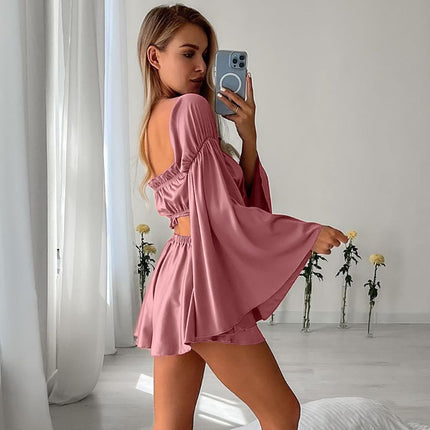Wholesale Women's Casual Summer Strapless Strapless Long Sleeves Loose High Waist Shorts Two-Piece Set