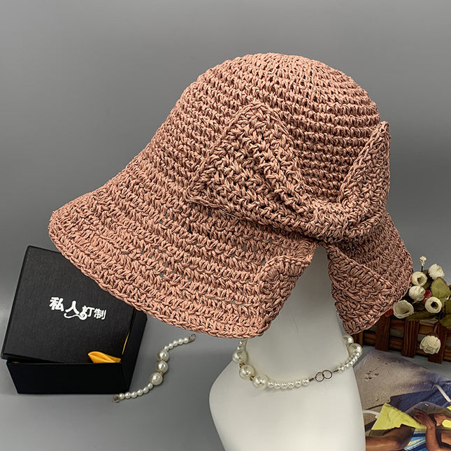 Women's Summer Bow Buket Hat Foldable Sun Hat Beach Hat Small Brim Slit Straw Hat