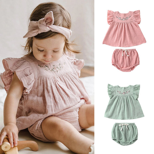 Wholesale Baby Girl Summer Embroidered Cotton Flying Sleeve Princess Dress Shorts Two Piece Set