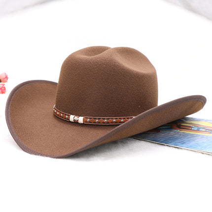 Men's Retro Cowboy Hat with Belt Decoration Felt Hat Tibetan Style Hat Woolen Felt Hat 