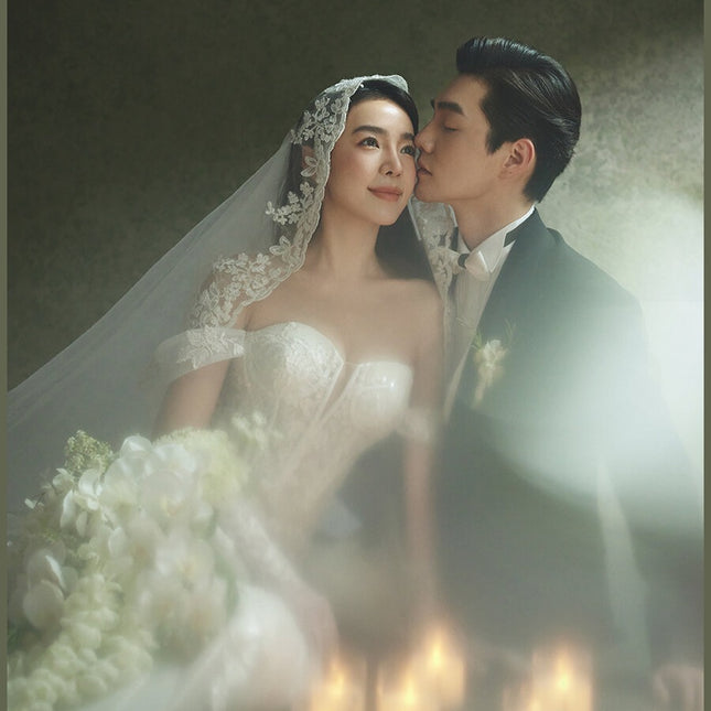 Retro Lace Long Trailing Veil Oil Painting Wedding Dress Headdress