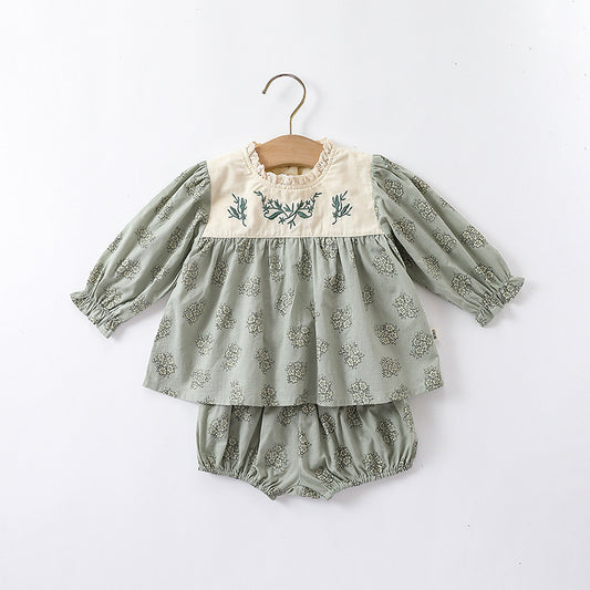 Baby Autumn Floral Long-Sleeved Bodysuit Kids Lace Collar Embroidered Coverall Romper