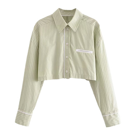 Wholesale Women's Summer Lapel Striped Short Long-sleeved Shirt