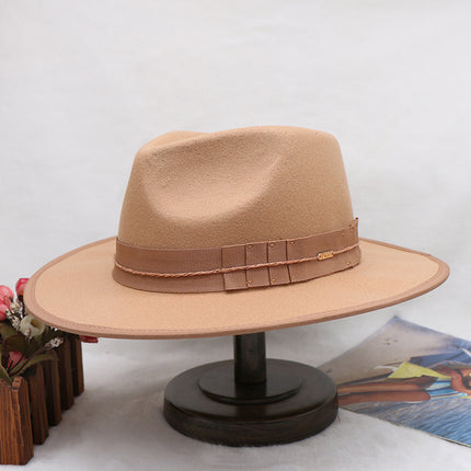 Wholesale Woolen Flat Brim Jazz Hat Pleated Big Brim Top Hat Color Matching Hat 