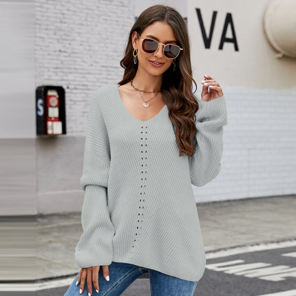 Wholesale Women's V-neck Casual Pullover  Loose Long-sleeved Sweater