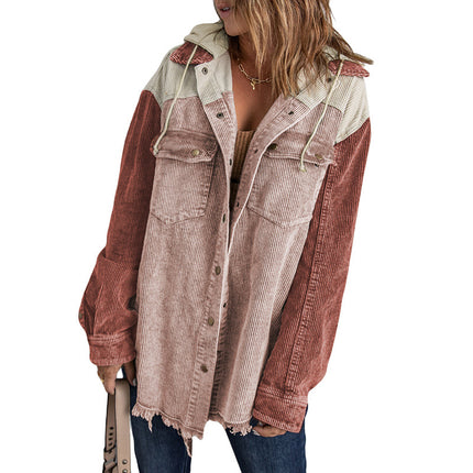 Wholesale Women's Corduroy Color Block Single Breasted Long Sleeve Hooded Jacket