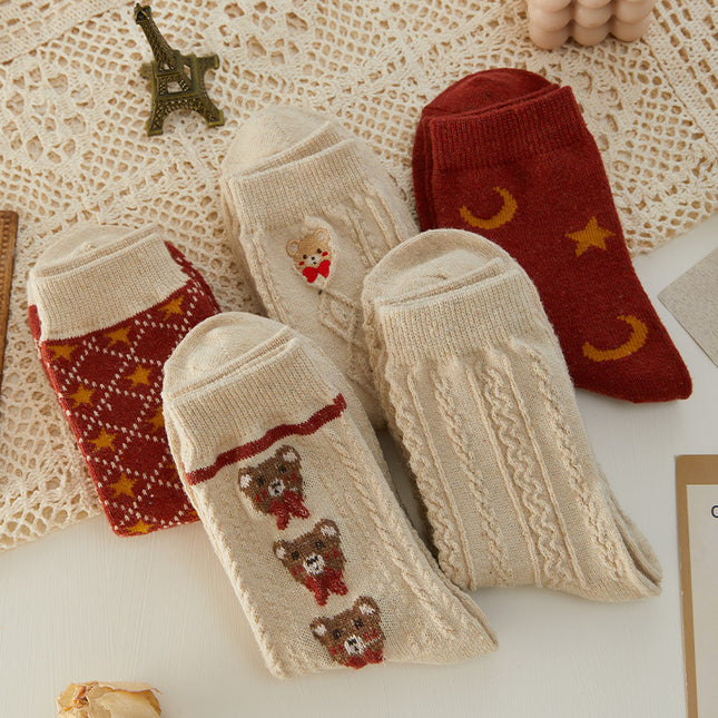 Wholesale Women's Fall Winter Red Cotton Bear Pile Socks Wool Socks Mid-calf Socks
