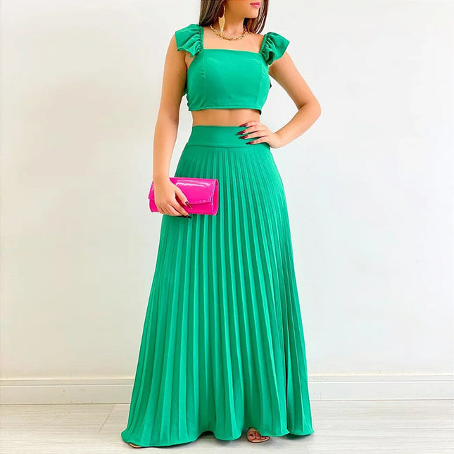 Wholesale Women's Spring Solid Color Short Vest High Waist Pleated Skirt Two Piece Set