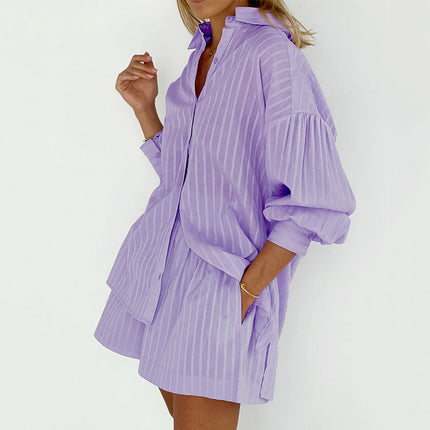 Wholesale Women's Fall Winter Striped Puff Sleeve Shorts Jacquard Shirt Casual Two-piece Set