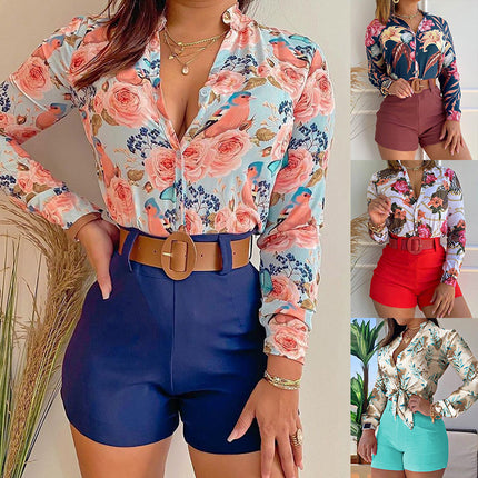 Wholesale Women's Summer Casual Long Sleeve Printed Stand Collar Shirt Shorts Two-Piece Set