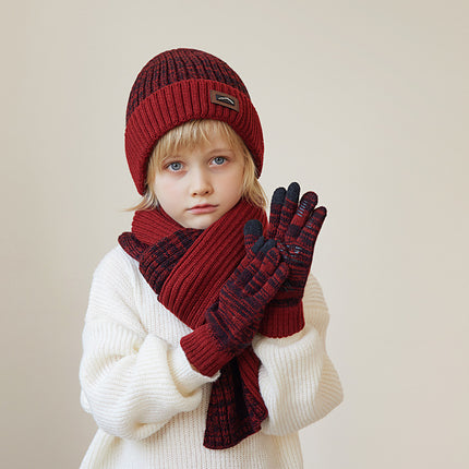 Wholesale Kdis Winter Outdoor Warm Fleece Knitted Hat, Scarf and Gloves Three-piece Set