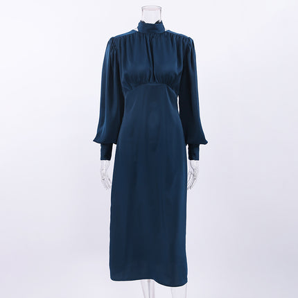 Wholesale Spring Summer High Neck Long Sleeve Midi Dress High Waist  A Line Dress