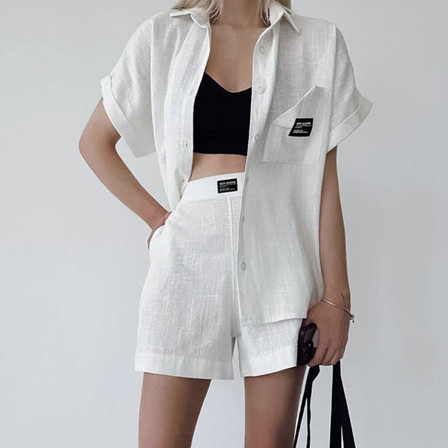 Wholesale Women's Summer Casual Temperament Short-sleeved Shirt Jacket High Waist Shorts Two Piece Set