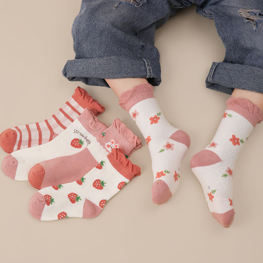 Wholesale 5 Pairs Kids Autumn Thin Strawberry Bunny Socks