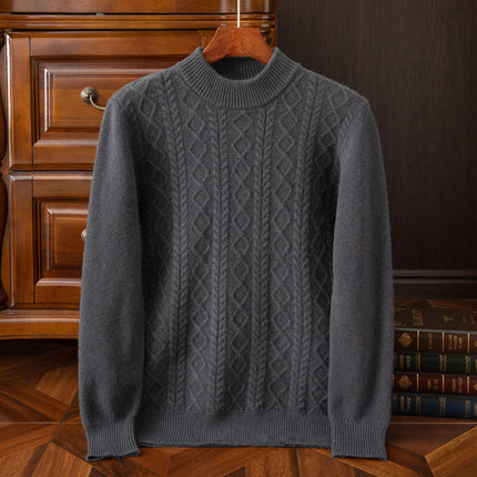 Men's Winter Half Turtleneck Thick Jacquard Casual Loose 100% Wool Sweater