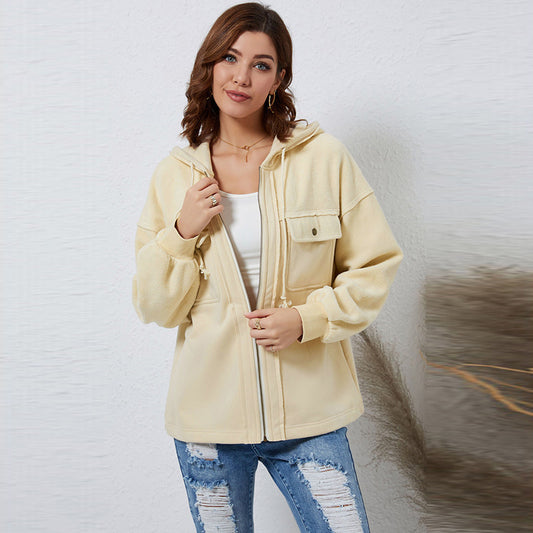 Wholesale Women's Autumn Casual Loose Pocket Drawstring Long Sleeve Zipper Jacket