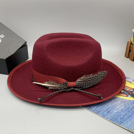 Men's Autumn and Winter Gentleman's Hat Woolen Feather Cowboy Hat 