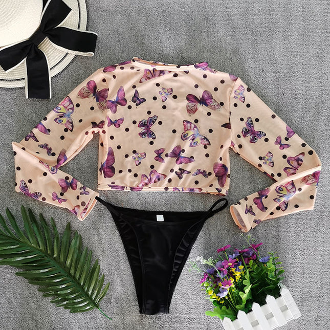 Wholesale Women's Split Mesh Long-sleeved Outer Sexy Bikini Three-piece Swimsuit 