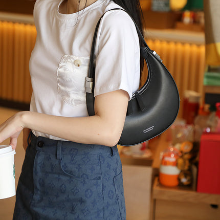 Women's Cowhide Moon Bag Shoulder Portable Genuine Leather Half-circle Moon Bag 