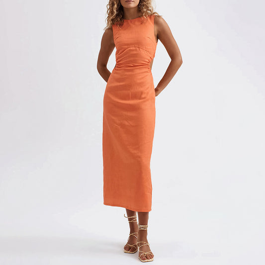Wholesale Ladies Summer Cotton Linen Backless Dress Women's Open Waist Maxi Dress