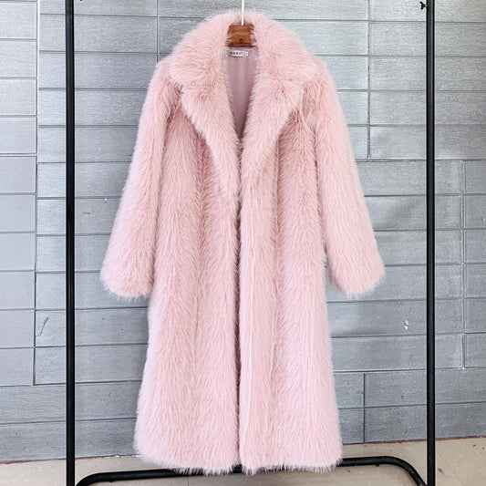 Wholesale Ladies Fall Winter Long Toka Lapel Collar Faux Fur Coat