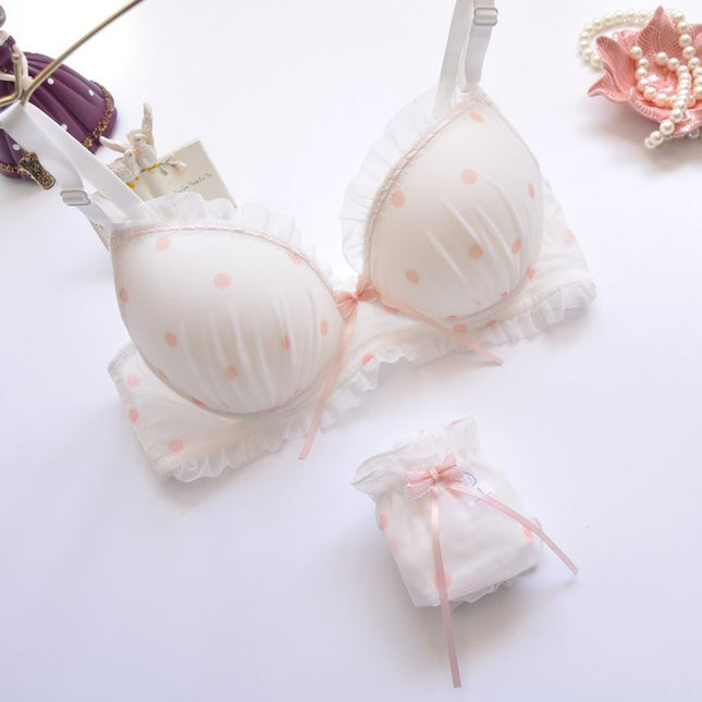 Girly Cute Push-up Sexy Polka Dot Printed Film Cup Without Wire Bra Set
