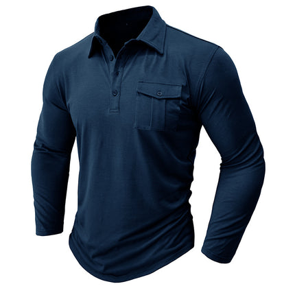 Men's Fall Winter Outdoor Lapel Solid Color Long-sleeved Polo Shirt