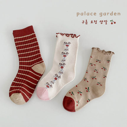 Wholesale 3 Paris of Children's Fall Cherry Flower Mid-calf Socks