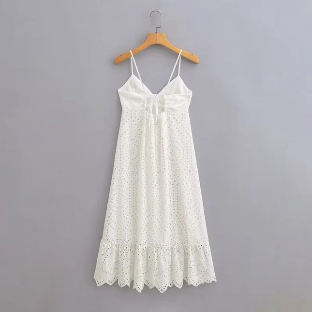 Wholesale Women's Summer V-neck Lace Hollow Embroidery Suspender Dress