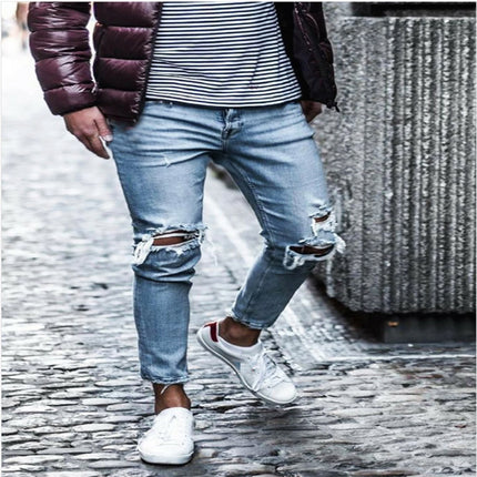 Wholesale Men's Autumn Slim Fit Stretch Ripped Skinny Jeans