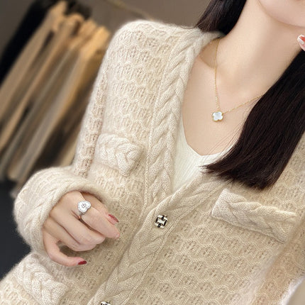 Wholesale Women's Fall Winter V-neck Twist Loose Wool Cardigan Sweater
