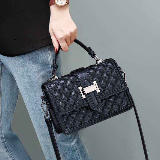 Women's Summer First Layer Leather Handbag Trendy Fashion Diamond Crossbody Bag 