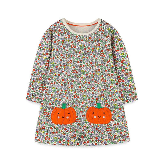 Wholesale Autumn Girls Floral Halloween Pumpkin Embroidered Princess Dress