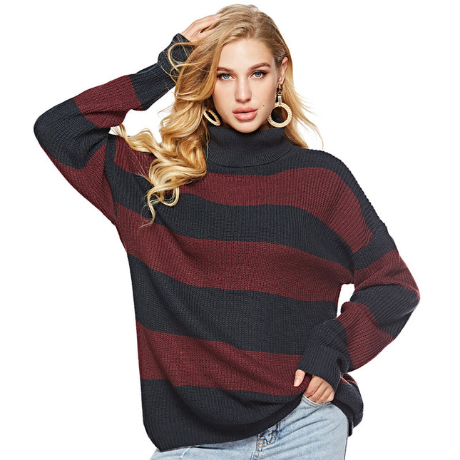 Wholesale Women's Fall Winter Casual Striped Turtleneck Pullover Sweater