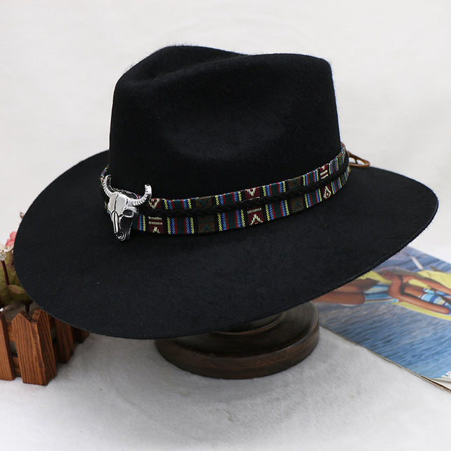 Men's Autumn and Winter Cow Head Decorated Woolen Cowboy Hat Jazz Hat Hat Tibetan Hat