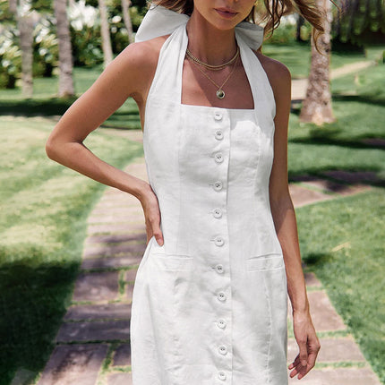 Wholesale Ladies Summer Suspenders Halter Neck White Dress Women's Slit Sexy Maxi Dress
