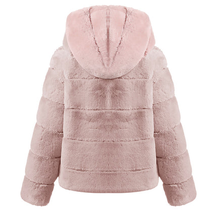 Wholesale Ladies Solid Color Loose Hooded Warm Short Faux Fur Coat