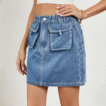 Wholesale Women's Spring and Summer Washed Elastic Waist Denim Mini Skirt