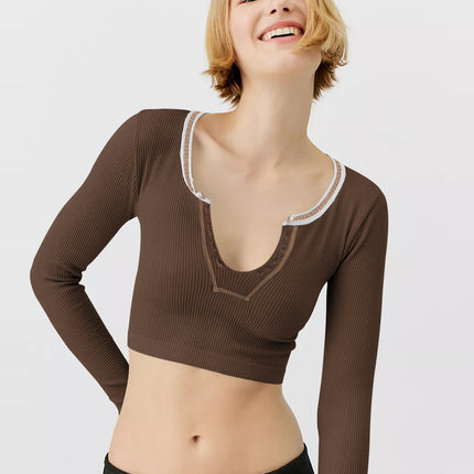 Wholesale Ladies Skinny Long Sleeve Rib Cropped Navel T-Shirt