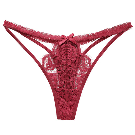 Wholesale Ladies Lace Low Waist Ribbon Bowknot Sexy See-Through Thong Panties