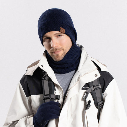 Men's Winter Outdoor Velvet Warm Knitted Hat, Gloves and Scarf Three-piece Set