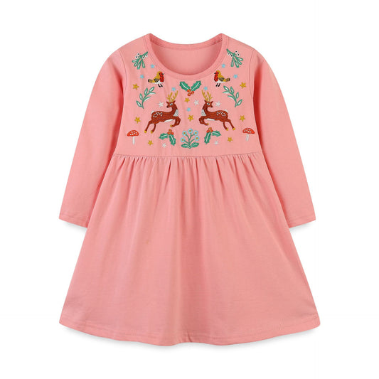 Wholesale Girls Long Sleeve Round Neck Embroidered Splicing Dress