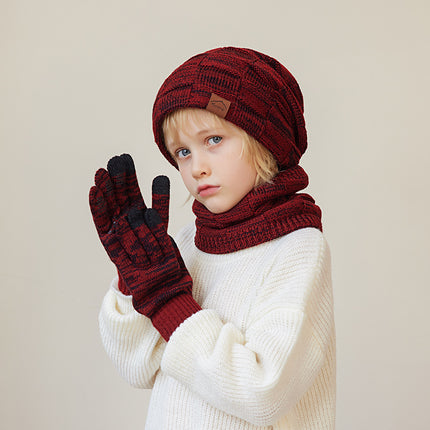 Wholesale Children's Winter Velvet Warm Ear Protection Knitted Hat, Gloves and Neck Scarf Set