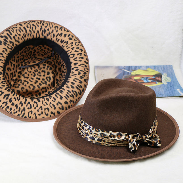 Men's Fall Winter Woolen Color-blocked Leopard Print Jazz Hat Warm Feather Hat