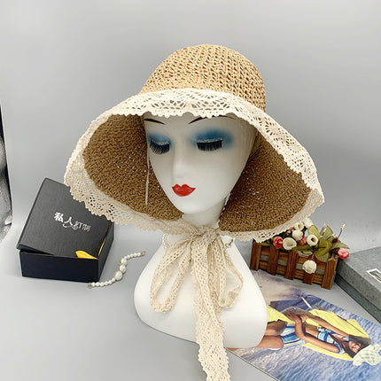 Women's Summer Sun Protection Dome Strap Short Brim Crochet Straw Hat Beach Hat 