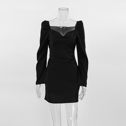 Wholesale Ladies Summer Sexy Satin Black Mini Dress Women's Long Sleeve Dress
