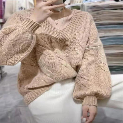 Women's Winter Loose Soft Lantern Sleeve V-neck Thickened Wool Sweater