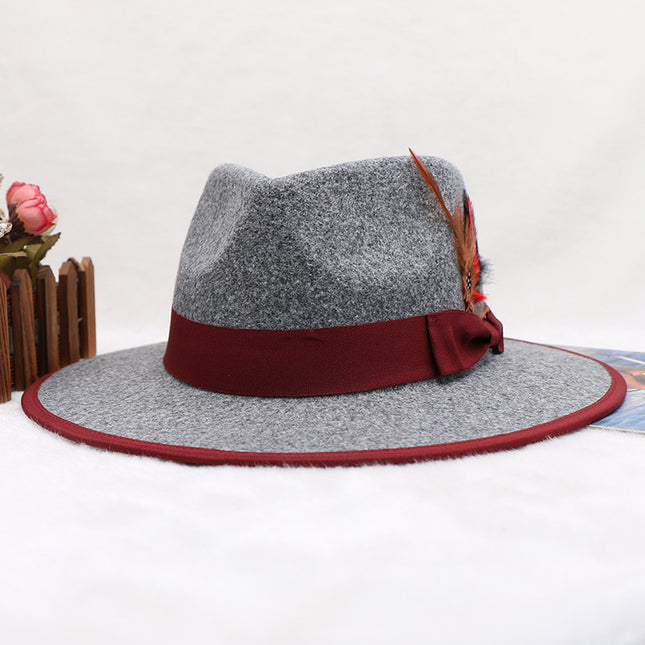 Wholesale Men's Fall Winter Woolen Jazz Bow Feather Felt Top Hat Wide Brim Jazz Hat 