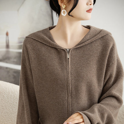 Wholesale Women's Casual  Hooded Double ZipperCardigan Wool Sweater Coat